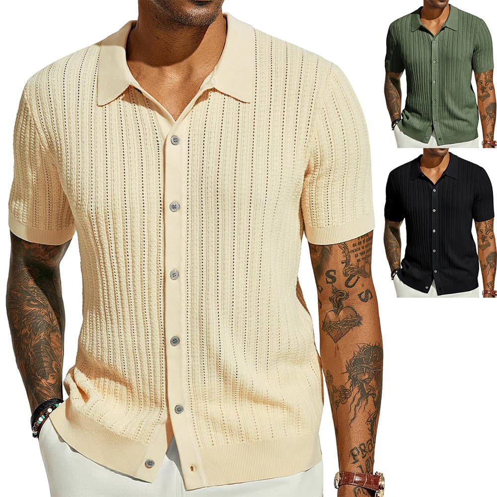 Men's Clothing European And American Men's Casual Knitted Shirts Summer New Solid Color Tops Men's Short Sleeved Lapel Hollow Breathable