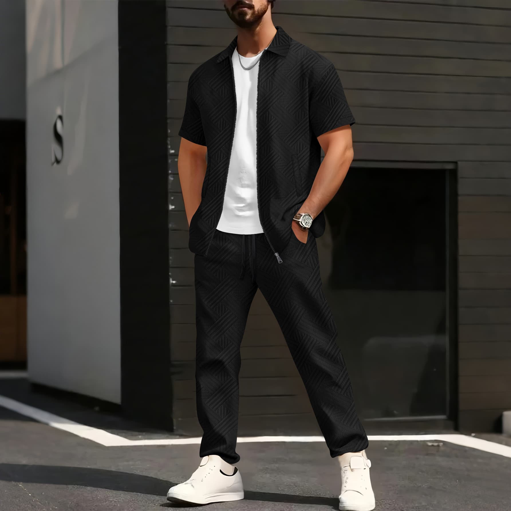 Men's Stylish Jacquard Zip-Up Short Sleeve Shirt & Long Pants Set - Breathable Summer Casual Outfit For Daily Wear