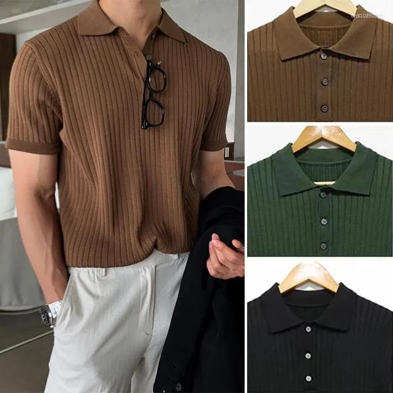 Men's Polos Men Knit Polo Shirts Casual Social T-Shirts Short Sleeve T Shirt Slim Soild Retro Tops Tees Korean Harajuku