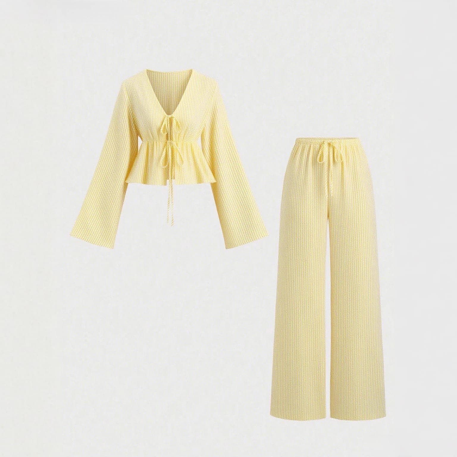Women's Casual Two-Piece Set - Striped Long Sleeve Tie-Front Top & Wide Leg Pants, Comfortable & Stylish Outfit For Spring