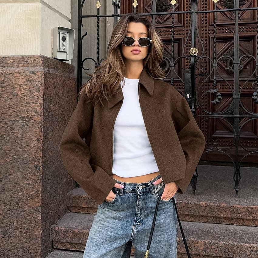 Women's Clothing Long Sleeve Zip-Up Tweed Jacket - Relaxed Fit Lapel Coat For Autumn Winter, Casual Elegant Outerwear