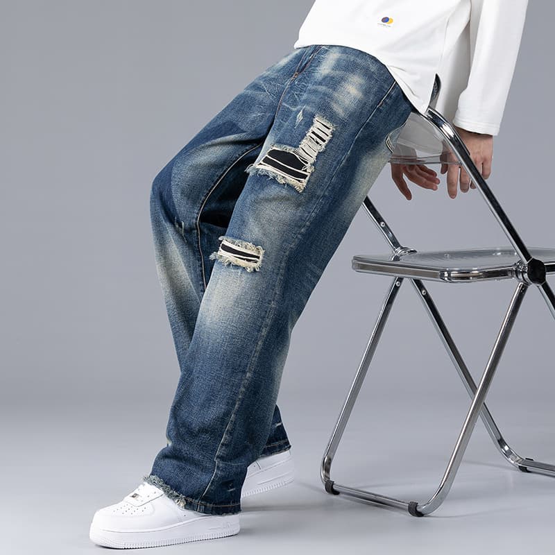 new ripped men's jeans patch loose straight wide leg trendy casual men's pants