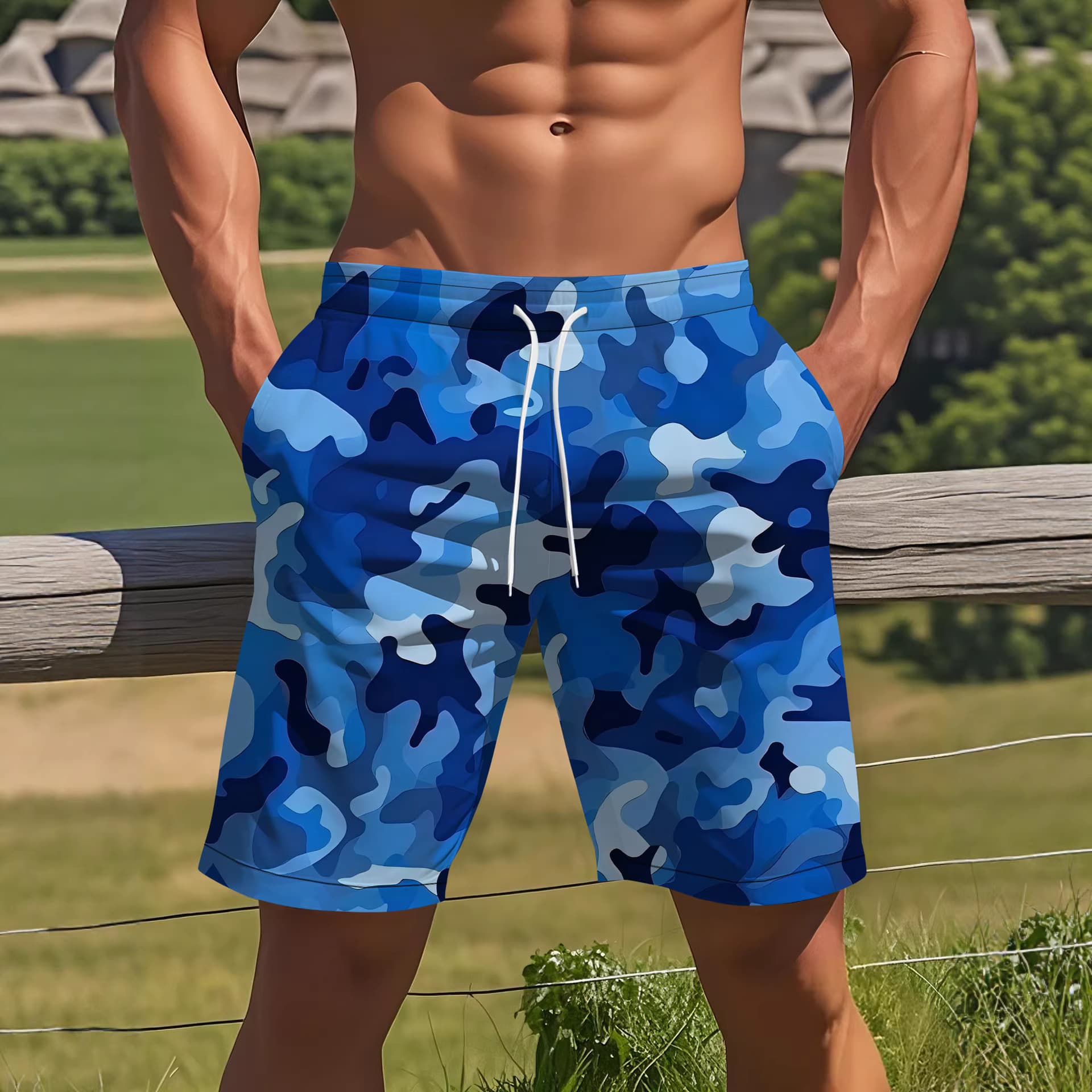 Men's Clothing Men's Blue Camouflage Beach Shorts Casual Vacation Swim Trunks Loose Comfortable Fit Summer Style