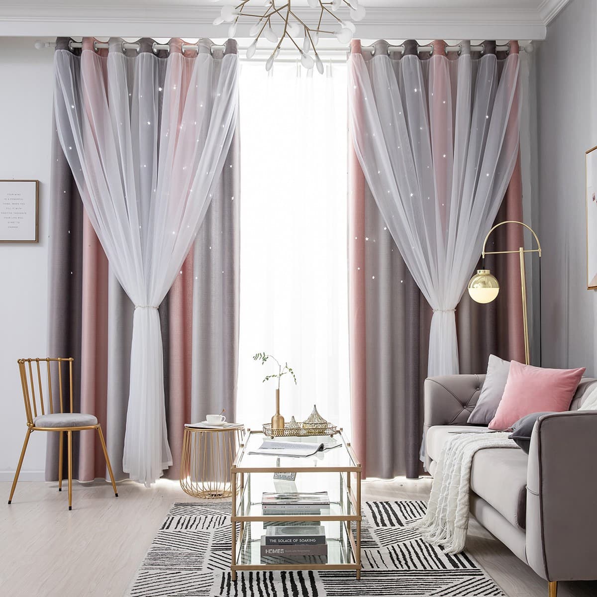 Morandi gradient stripes hollow stars double layer integrated blackout gauze curtains finished
