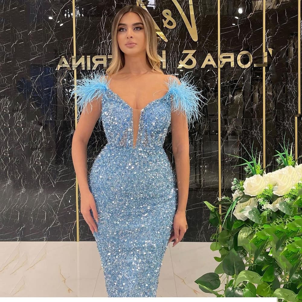 Women's Spring and Summer New Women's Deep V Sequin Sexy Evening Dress Feather Sequin Sleeveless Dress Long Dress