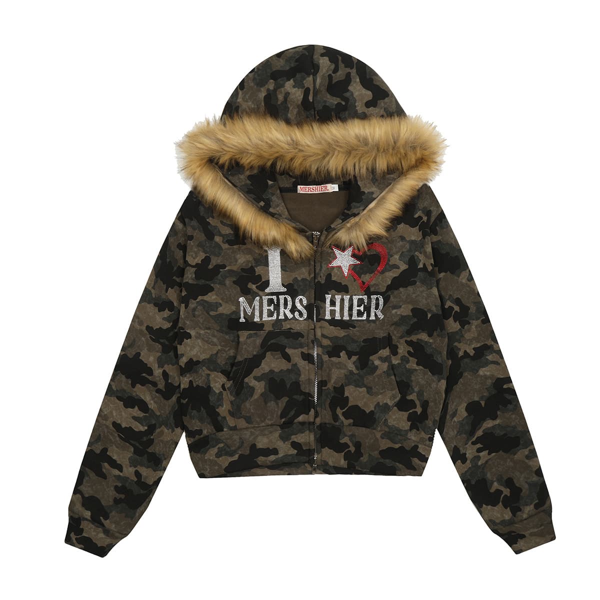 Men's Clothing Fashion Brand New Retro Fur Collar Camouflage Hot Diamond Hoodie Plus Velvet Short Jacket Cardigan Sweatshirt