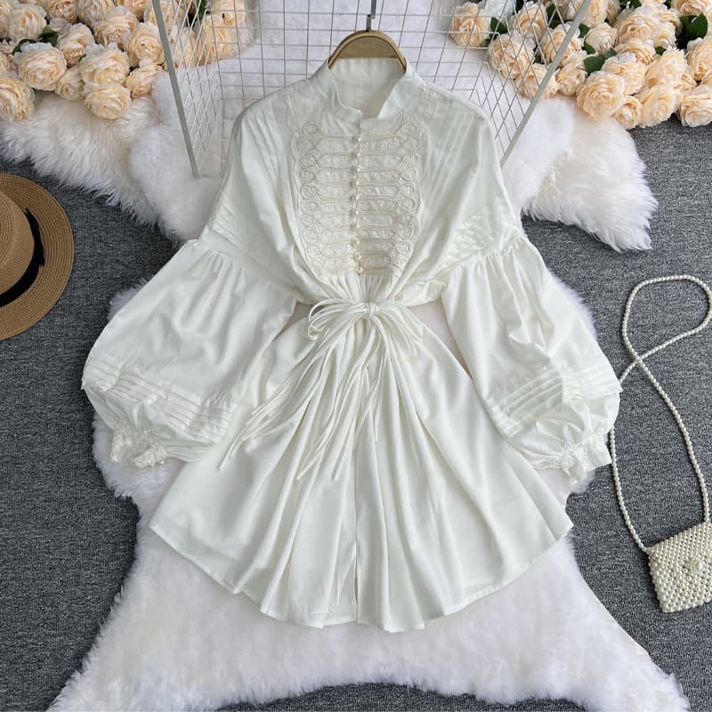 Women's Clothing Collar Lace Bow Tie Lantern Sleeve Pearl Button Dress