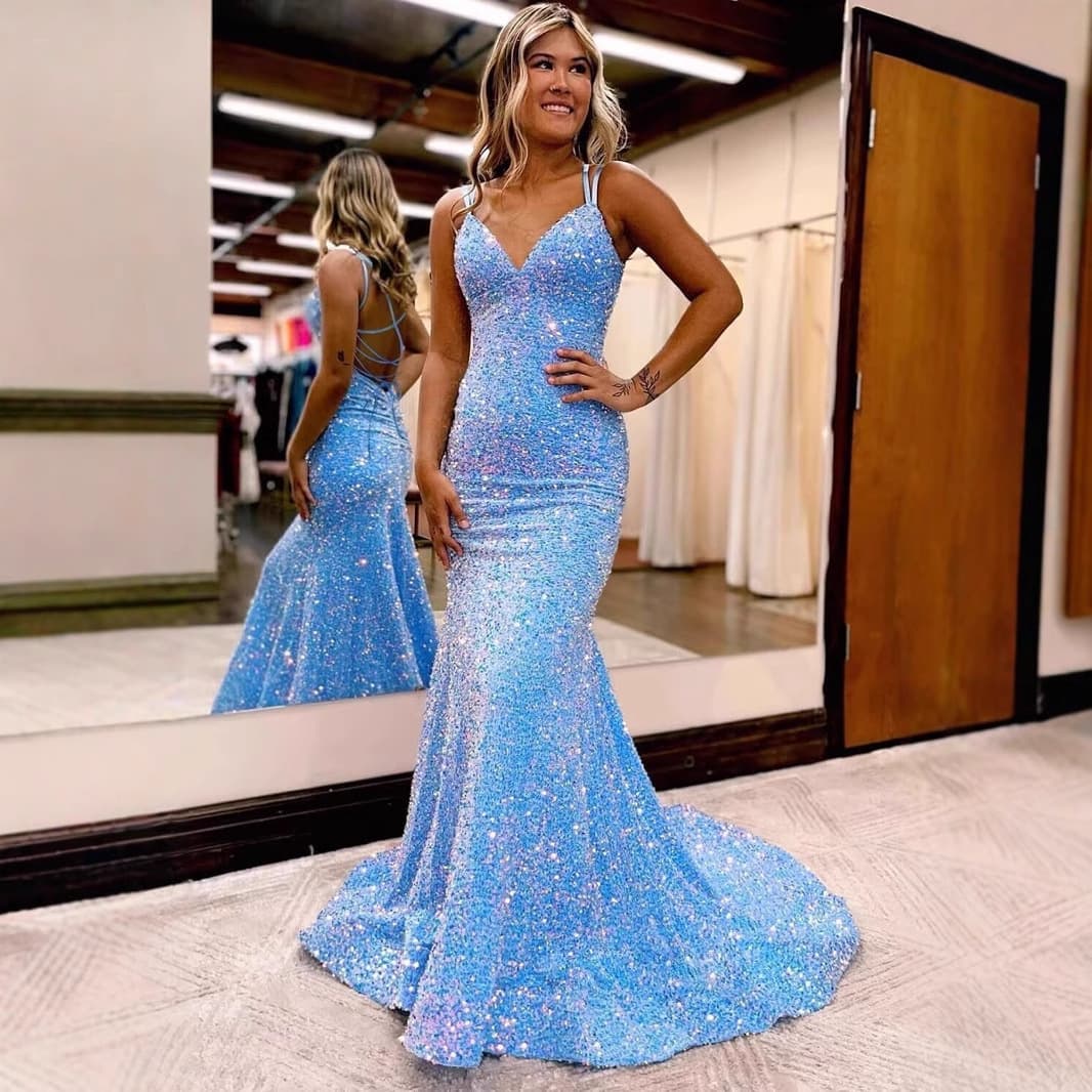 Sequined Ball Gown Slim Hip Wrapped Fishtail Small Trailing Evening Gown Spaghetti Straps V Neck Party Dress
