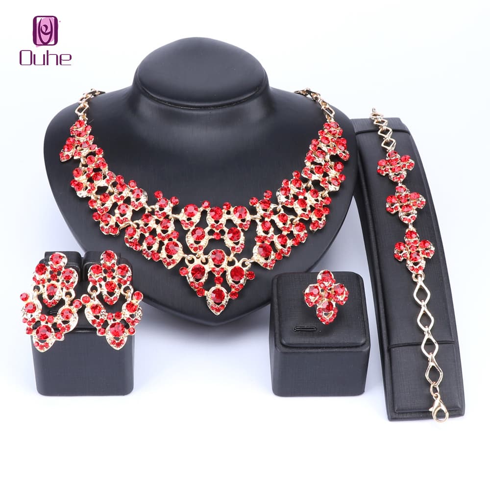 Trendy Design Wedding Red Rhinestone Gold Color Jewelry Sets Earrings Bracelets Necklace Rings For Women
