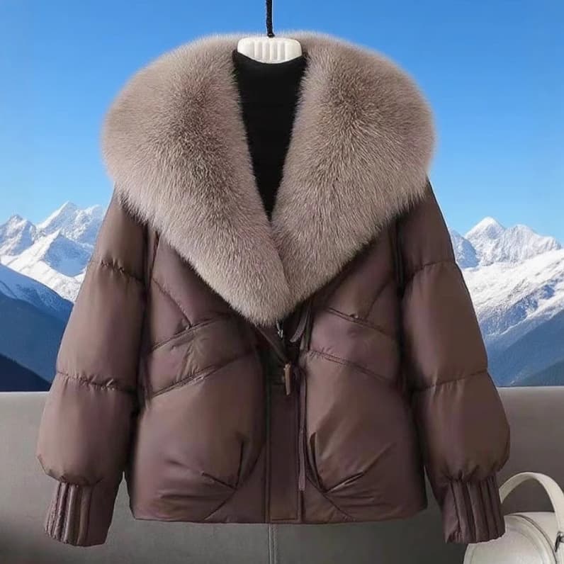 Women's Clothing Short Puffer Jacket With Fox Fur Collar - Cozy Winter Coat, Thicken Warm Fleece Lining, Loose Fit, Zipper Closure, Multiple Colors​