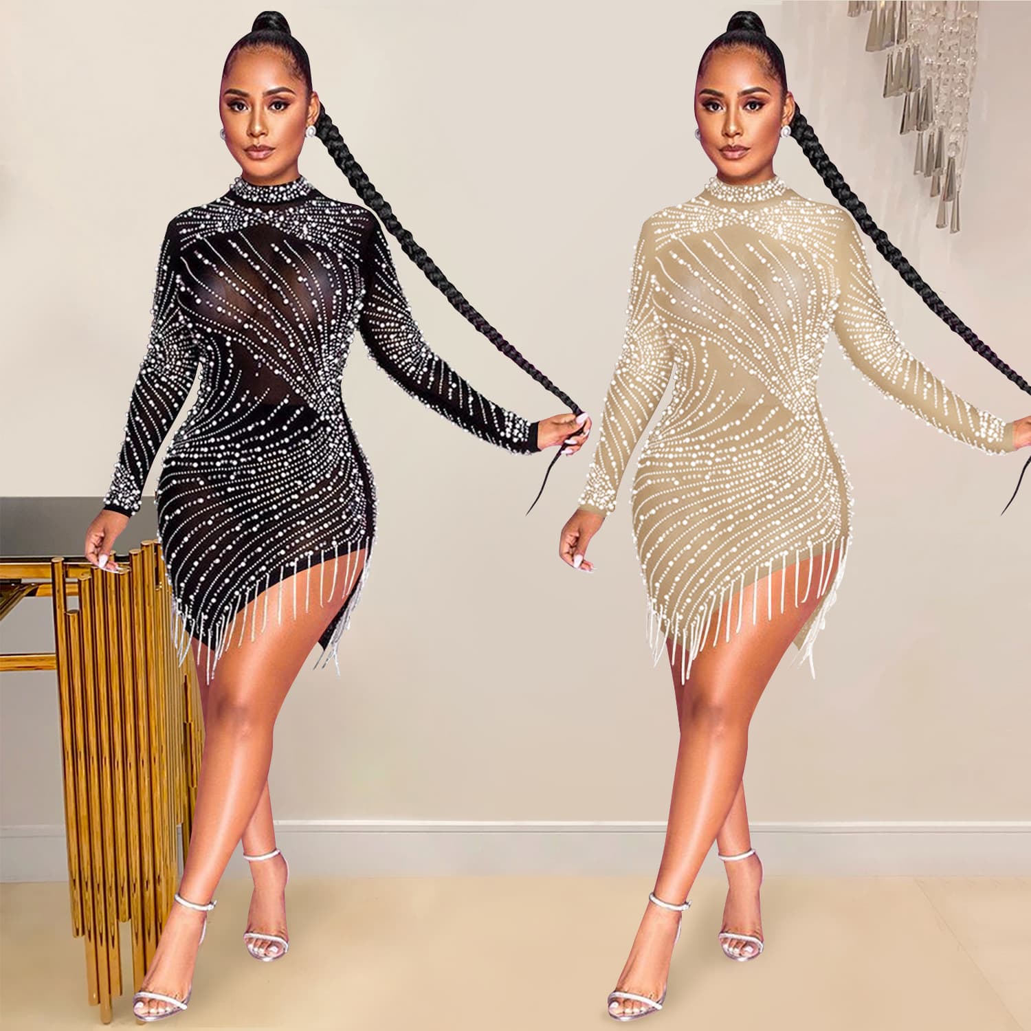 Women's Sexy Nightclub Mesh See-through Hot Diamond Bubble Beads Tassel Round Neck Long-sleeved Dress