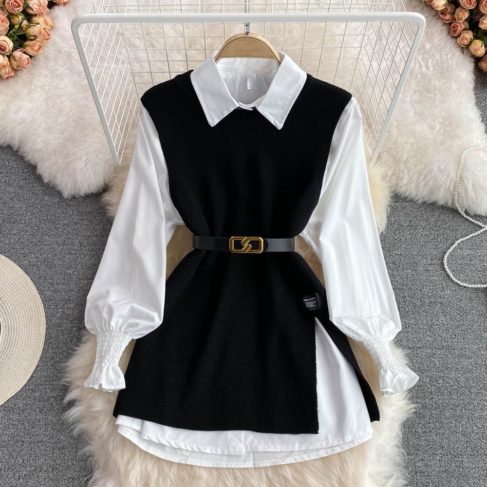 Women's Clothing Spring and Autumn Long Sleeved Suit for Women, White Shirt, Sweater, Vest, Age Reducing Loose Knitted Vest Shirt, Two Piece Suit