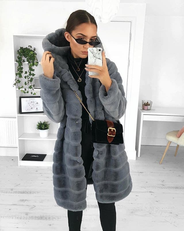 Women's Fashion Solid Color Plush Hooded Mid-length Coat