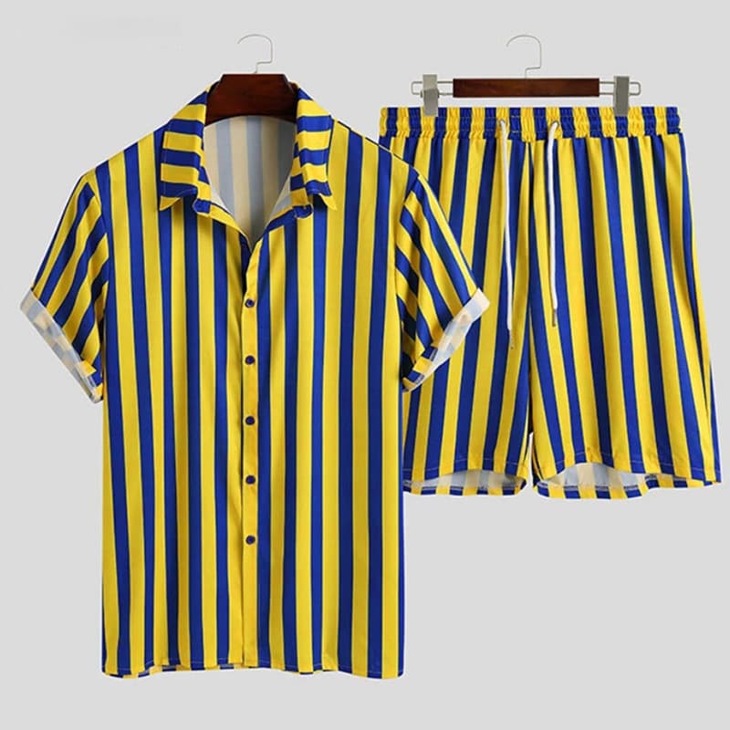Men's Lapel Button-down Short-sleeved Shirt Beach Suit Shorts Two-piece Set