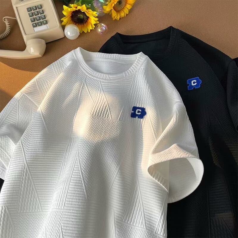 Man's Clothing 2024 New High Street Texture Short-Sleeved T-Shirt Men's Fashion Design Sense Niche Summer Men's T-Shirt Plus-Size Clothes