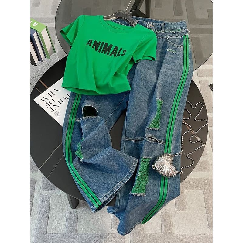 Women's Fashion Two Piece Suit Green Straight Shoulder T-Shirt High Waist Ripped Jeans Spring Autumn Summer Winter Outfit