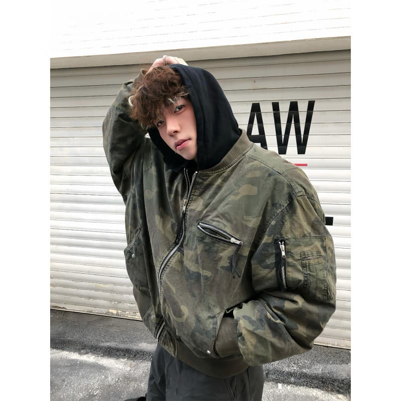 Two Piece Camouflage Cotton Jacket For Men, Winter Bomb Jacket, Hooded Flight Jacket