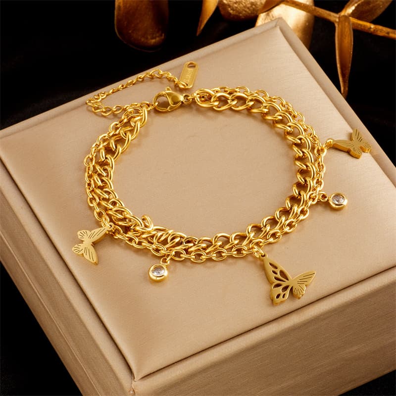 European and American cross-border fashion retro advanced versatile metal hollow butterfly diamond pendant titanium steel double chain bracelet