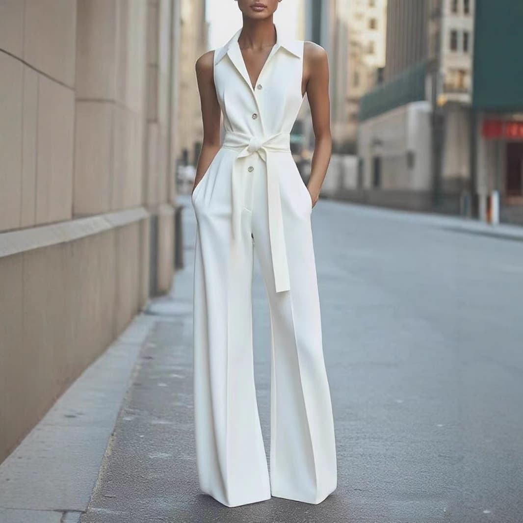 Women's Clothing ​High-Waisted Wide-Leg Jumpsuit Work & Casual - Breathable Polyester Blend With Button Front Sleeveless Romper In Black Coral White