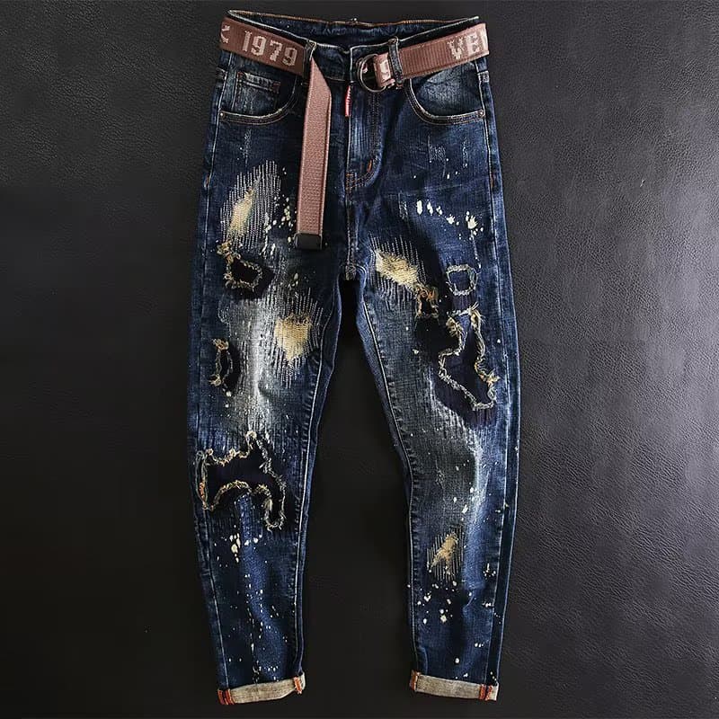 Men's Clothing 2025 Spring And Autumn New D2 Fashion Men's Washed, Ripped, Patched, Painted, Elastic, Slim Straight Blue Jeans Men