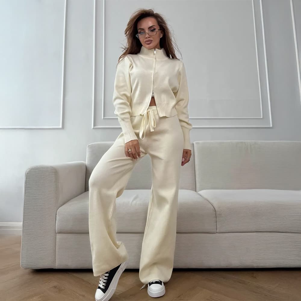 Women's Zip Knitted Set - 2026 Autumn & Winter New European & American Style | Elegant, Office-Appropriate, Double-Zip Slim-Fit Sweater Set