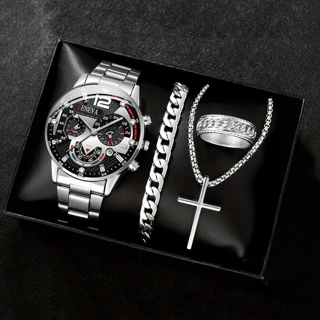 Men's Watches Men's Fashion Steel Band Casual Business Calendar Quartz Watch Ring Cross Necklace Bracelet Set