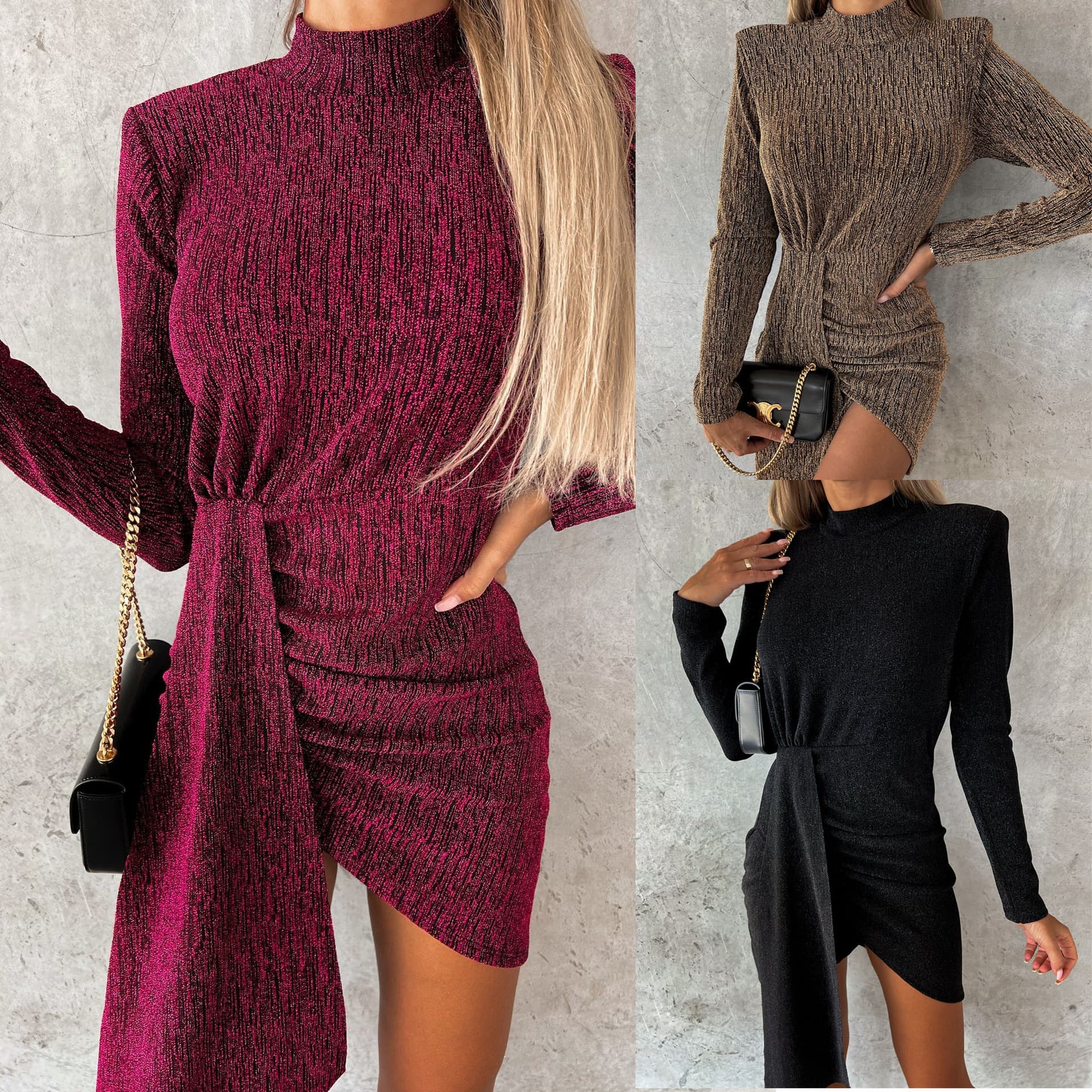 Women's Clothing Hot Gold Fashion Long Sleeve Dress Casual Party Turtleneck Dress
