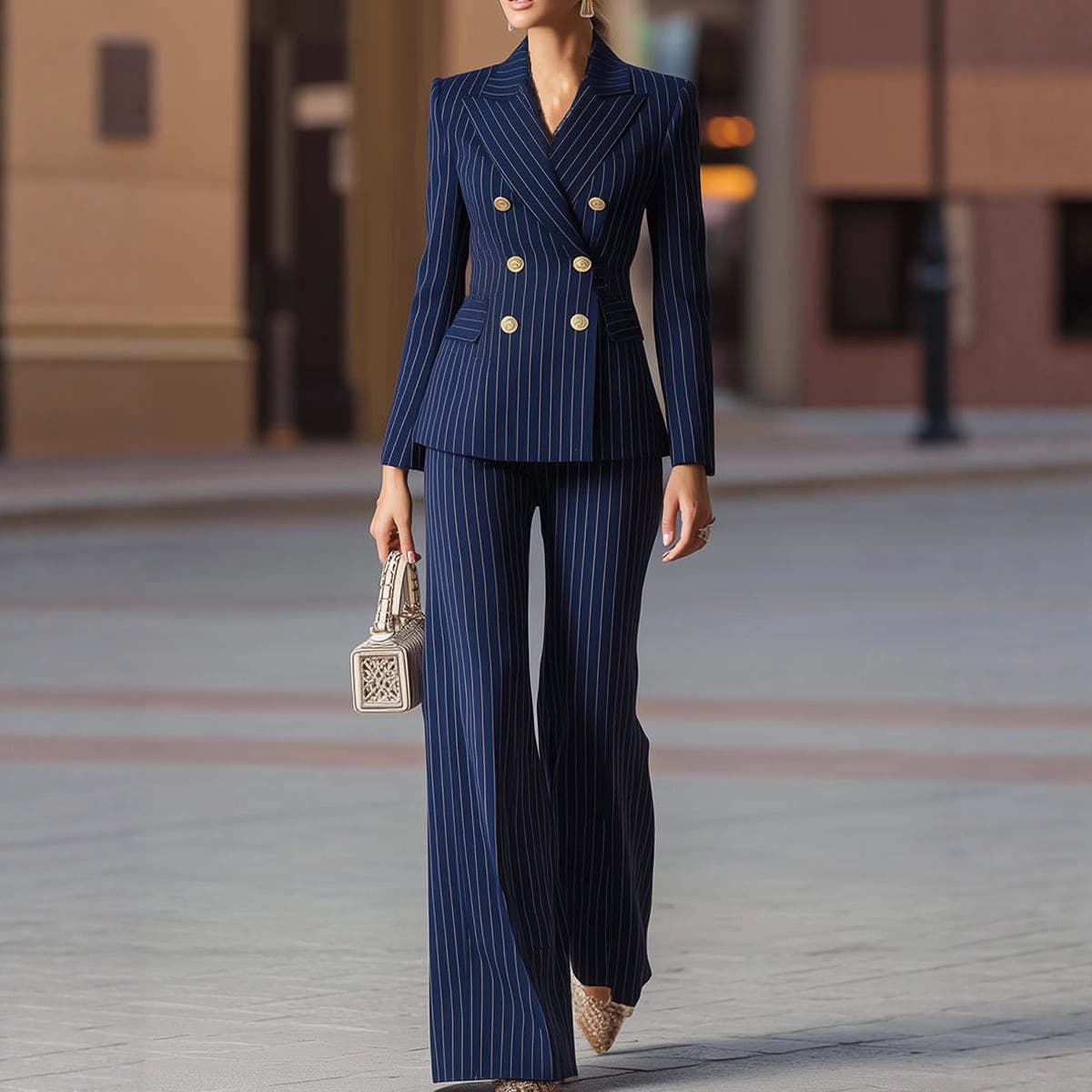 Women's Clothing Chic Striped Blazer & Pants Set – Slim-Fit Office Suit For Women, Professional & Stylish (Navy, Black)​