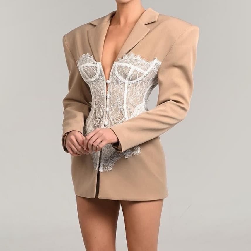 Women's Clothing lace stitching suit for women in autumn thin waisted fashionable temperament lapel waist contrast color long sleeved jacket