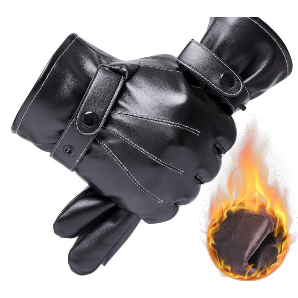 Winter PU fashionable and classic, men's three band leather gloves, black thickened gloves