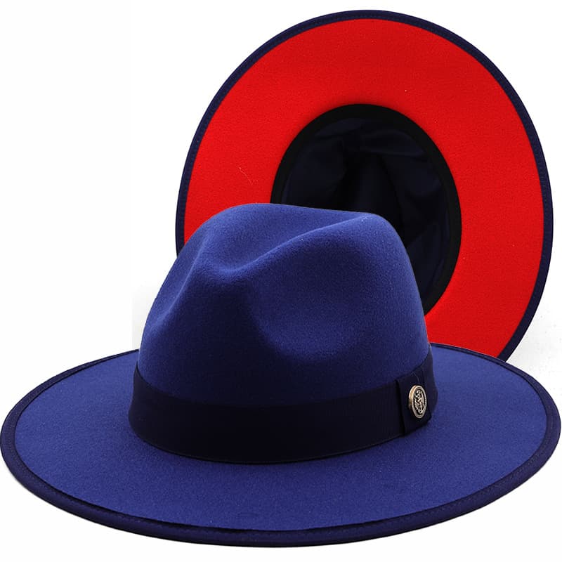 Unisex Bordered woolen top hat, double-sided color blocked felt hat, women's flat brimmed jazz hat, men's popular navy blue and red two-color hat