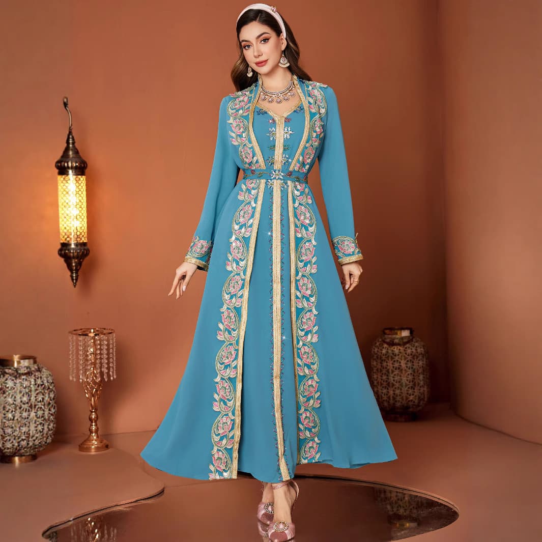 "Lace Trim V-Neck Belted Dress - Elegant Two-Piece Style Maxi Dress With Embroidery & Metallic Accents, Peacock Blue Long Sleeve Gown"
