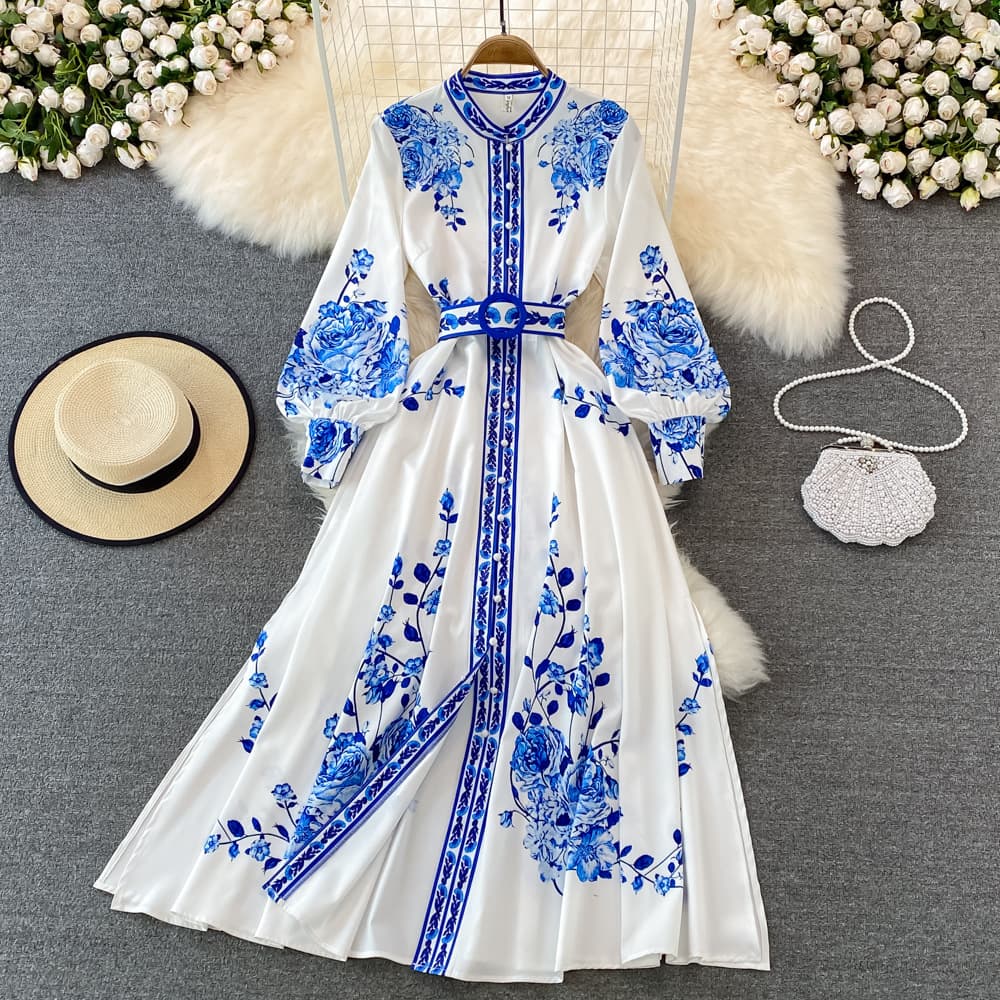 Women's fashion single breasted dress dress elegant temperament long skirt