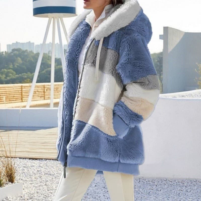 Women's Clothing autumn and winter warm plush patchwork zipper pocket hooded loose coat