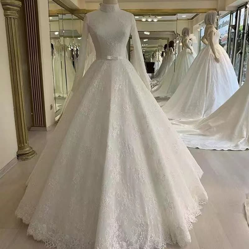 Women's Clothing Long Sleeved White Fluffy Tulle Palace Lace Muslim Wedding Dress