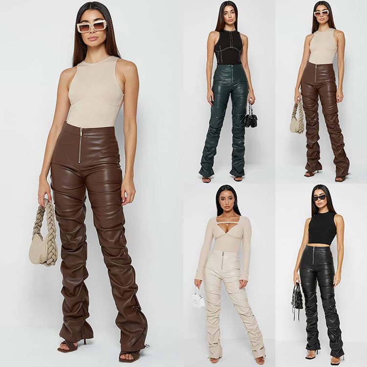 Women's Clothing Fashion Tight PU Leather Trousers Personalized Folded Flared Pants Women's New Style for Four Seasons
