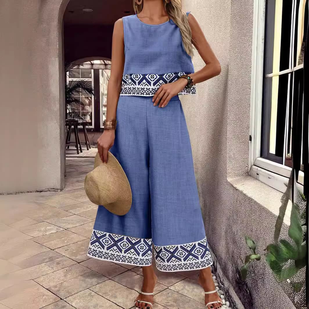 Women's Clothing New Summer Print Random Backless Tops Wide Leg Pants Casual Suits Women's Ethnic Style