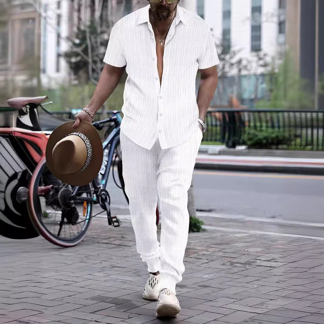 2024 Summer Men's Shirt Casual Loose Short sleeved Long Pants Beach Set