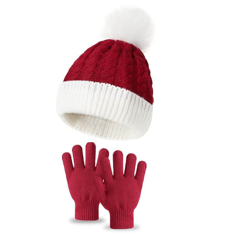 " Autumn and winter new children's daily travel play warm and cold wool ball knitted hat Christmas hat gloves two-piece set"