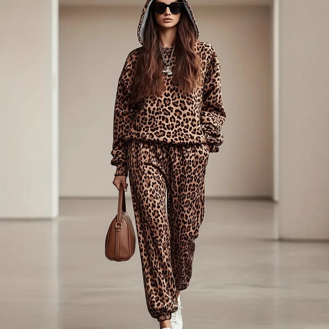 ​​Women's Leopard Print Jogger Set - Trendy Long Sleeve Two-Piece Outfit For Casual & Streetwear Style​​
