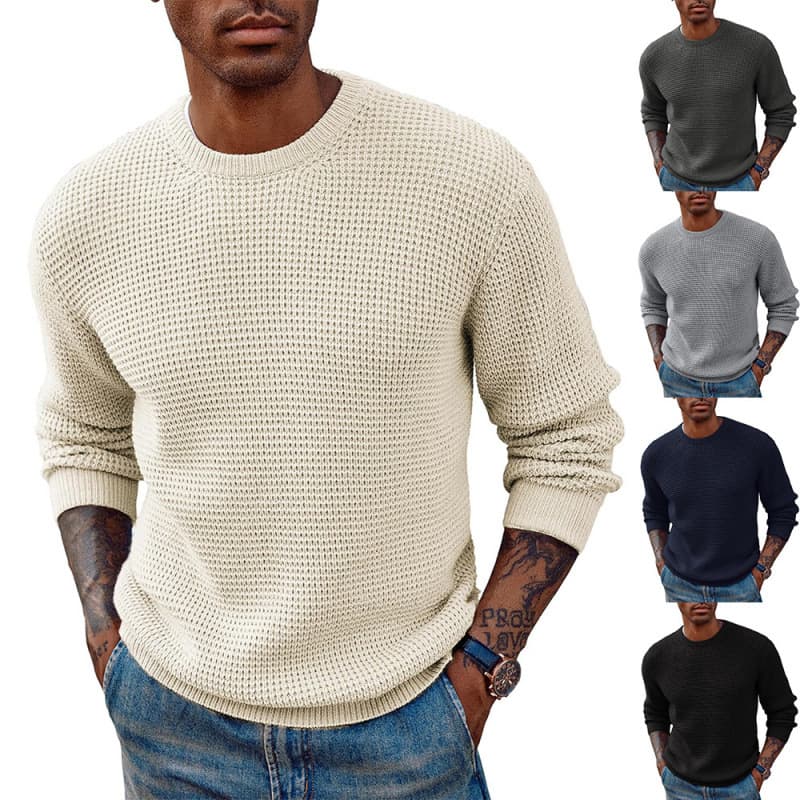2025 New Solid Color Crew Neck Sweater Pullover Knitted Sweater European And American Men's Long-sleeved Pullover Sweater Top