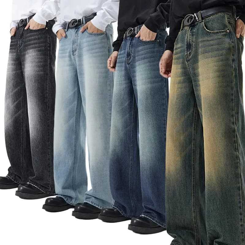 Jeans Men Wide Leg Long Pants Denim Pants Loose Casual Regular Straight Pants ONE Line Splice Button Bag Autumn Winter 2025