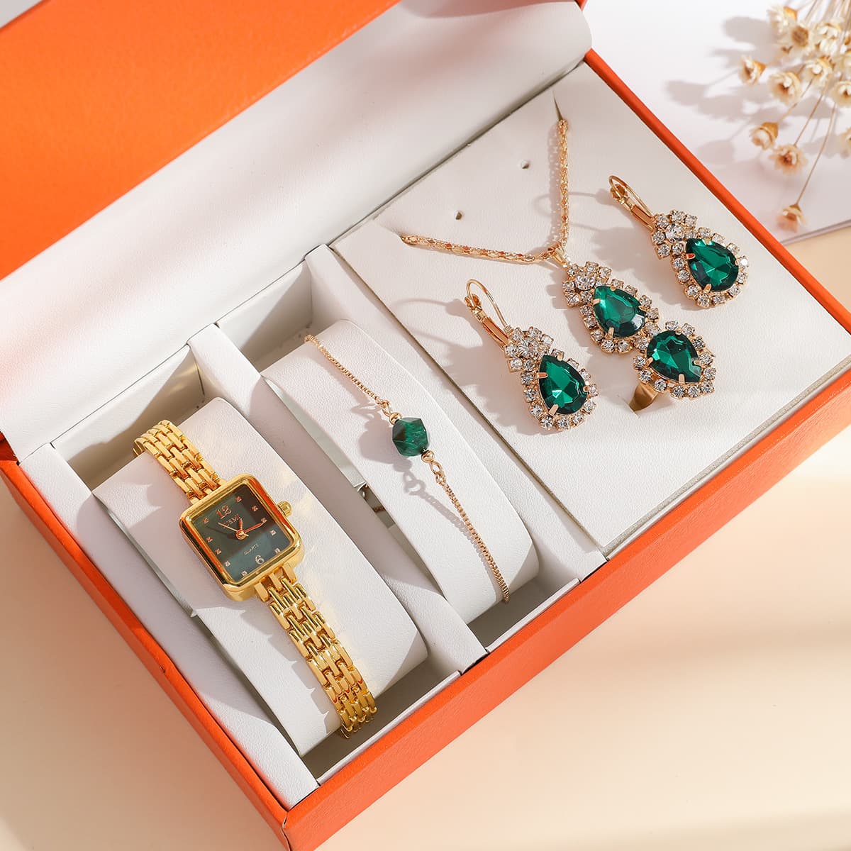 New ladies' stylish small square emerald quartz watch set 5pcs/set
