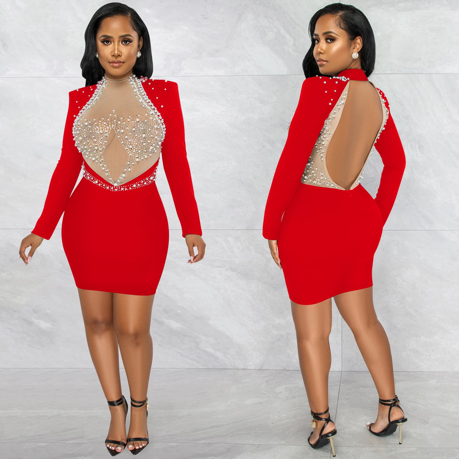 Women's Clothing Sexy Nightclub Hot Diamond Mesh See Through Bubble Beads Long Sleeved Midi Dress