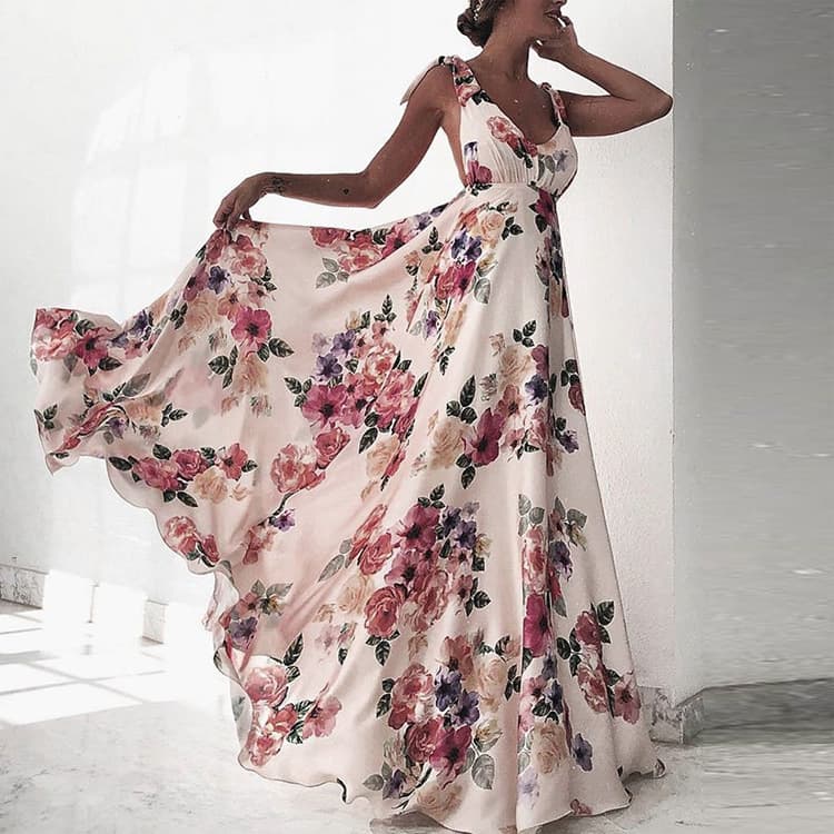 Women's Spring Summer backless Print Large Hem Sleeveless Strappy Floral printing Dress