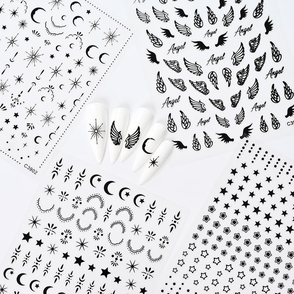 Japanese Style Star Moon Wings Nail Sticker Set - Holographic Silver, Feather Decals, Simple Cute Girl Nail Art Stickers