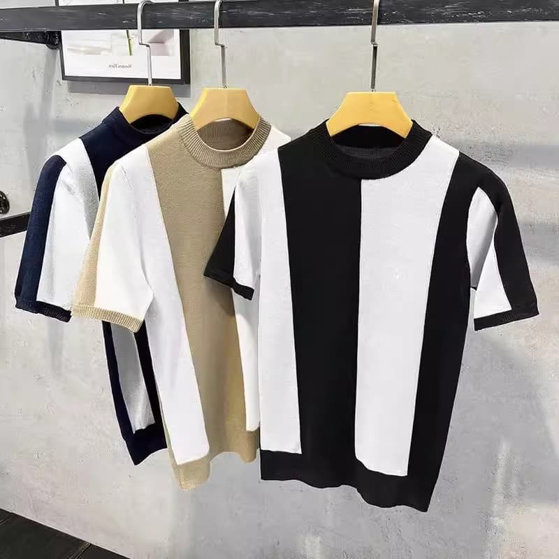 Men's Clothing 2024 men's net celebrity knitted short sleeved sweater men's brand handsome casual half sleeved ice silk T shirt bottoming shirt
