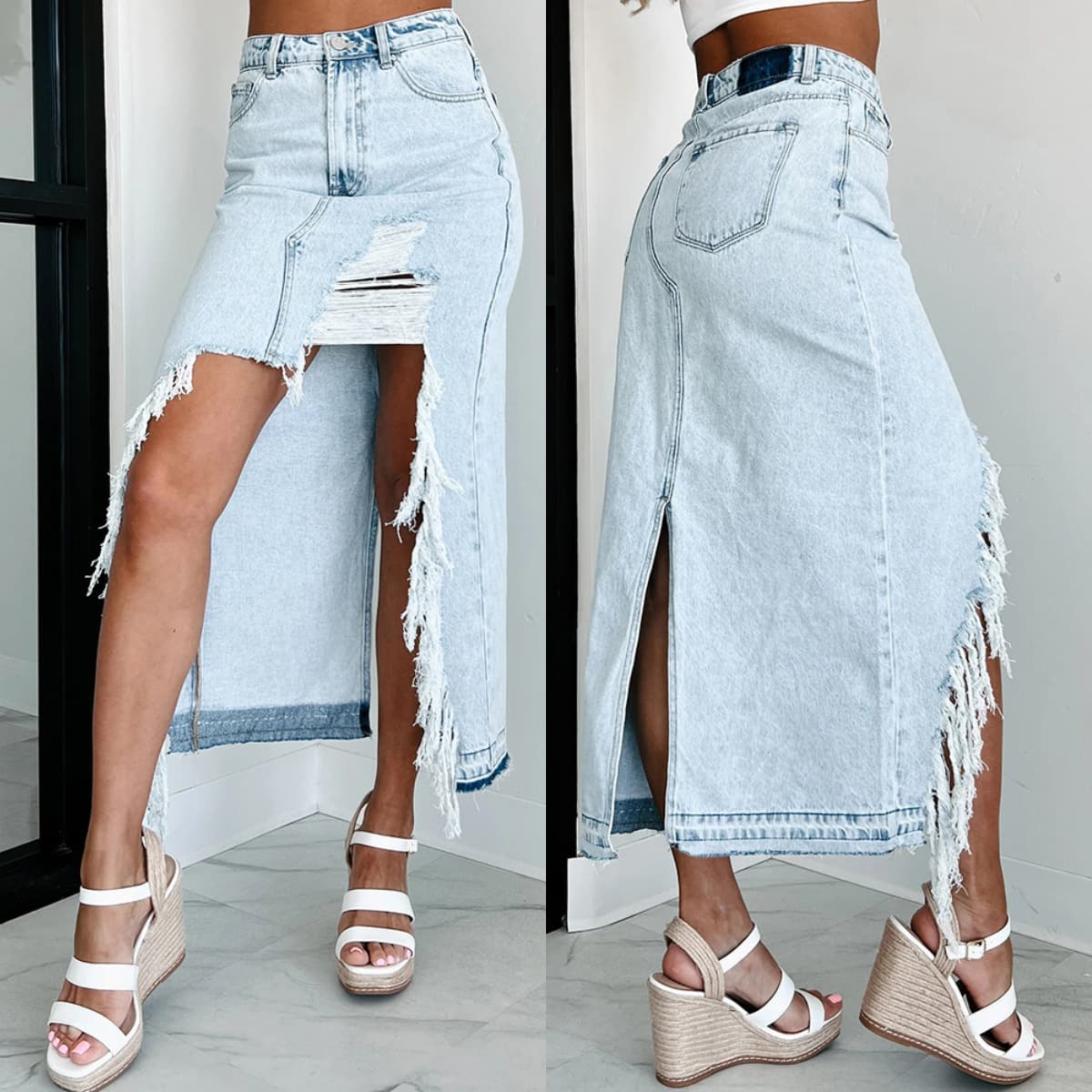 Women's Clothing High Waist Irregular Raw Edge Ripped Hole Old Washed Denim Slit Hip Skirt