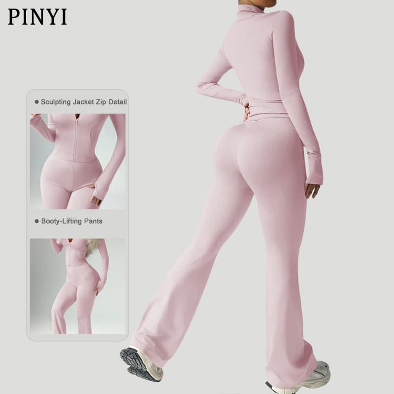 ​​Women's Solid Color Long Sleeve Zip-Up Activewear Set With High-Waisted Flared Leggings & Quick-Dry Yoga Outfit​​