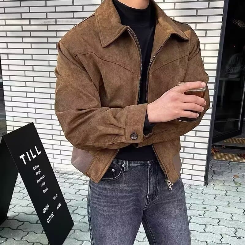 Blouson aviateur d'hiver en similicuir pour homme avec col montant – Coupe ample tendance, unisexe, fermeture éclair, pour un style streetwear décontracté (noir/marron)